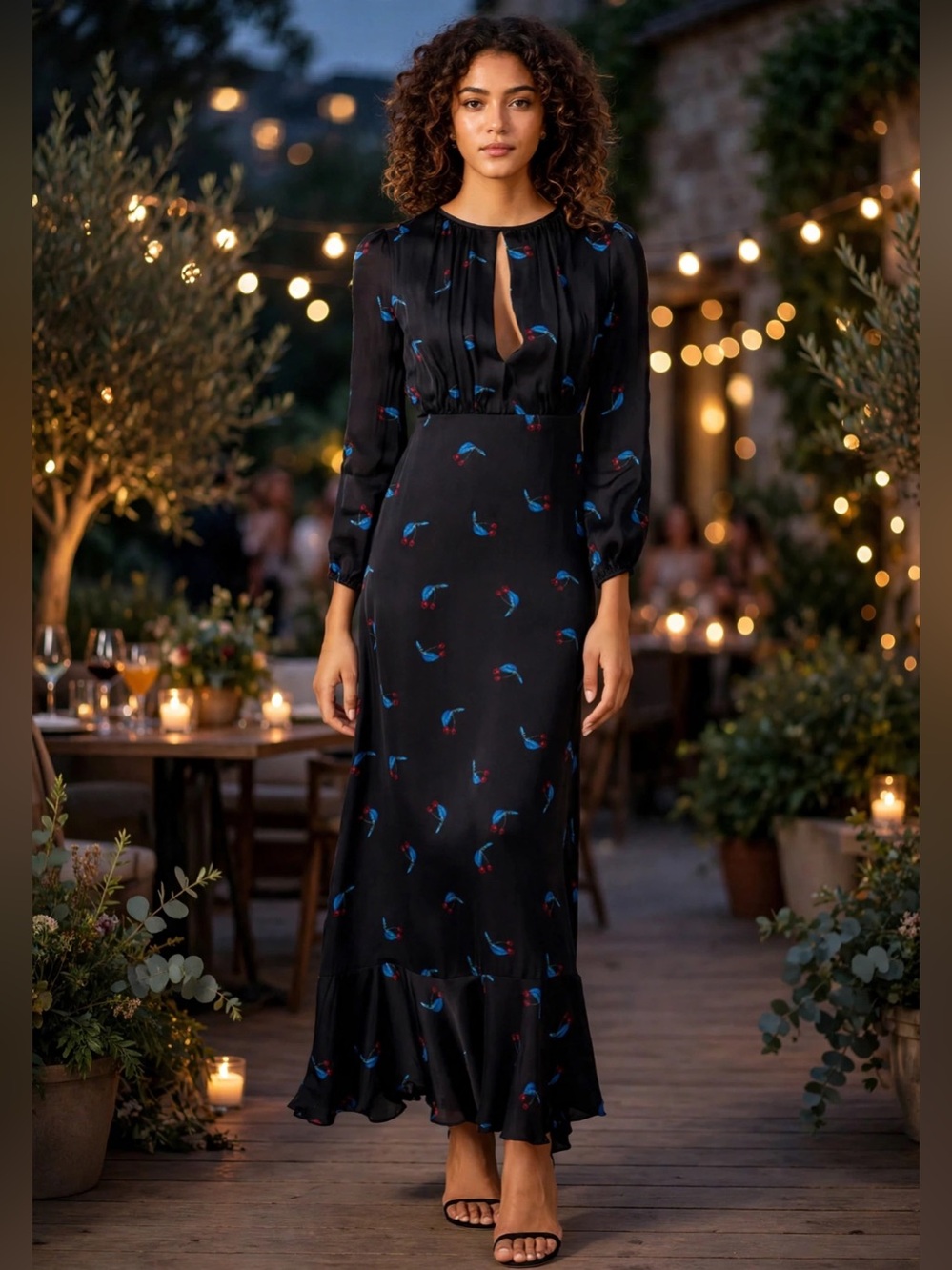 Cynthia Rowley Black Long-Sleeve Maxi Dress with Blue Accent Print